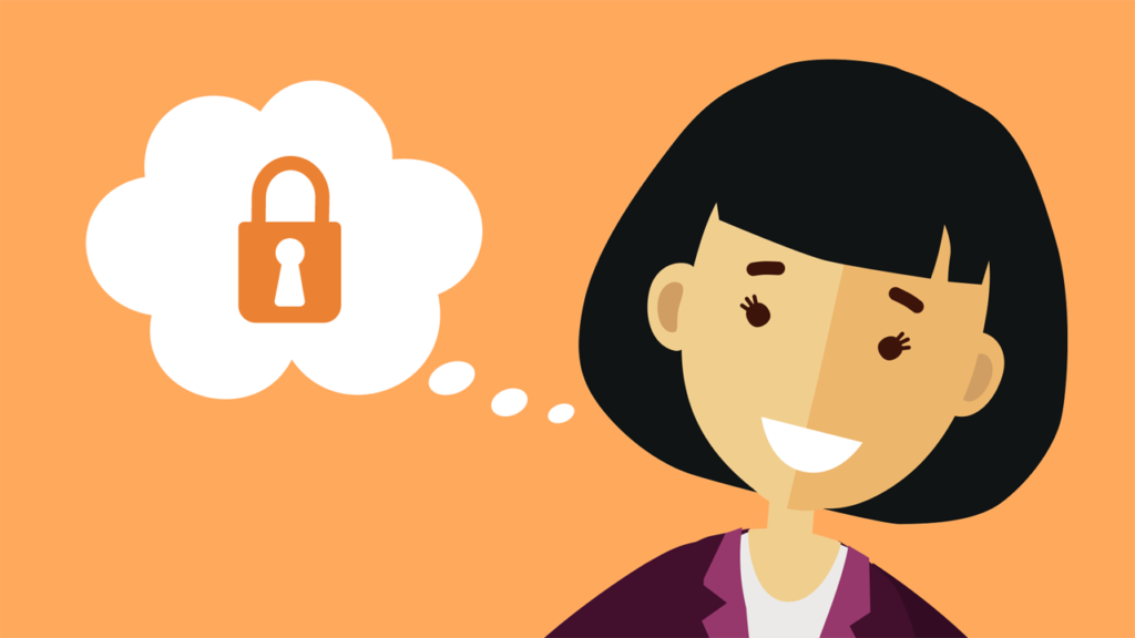 2d animated Woman Thinking with a thought bubble showing a locked padlock on an orange background