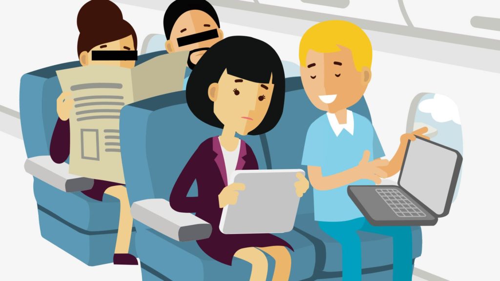 characters on a plane discussing business issues with open laptop and tablet with spies reading the newspaper sitting just behind them