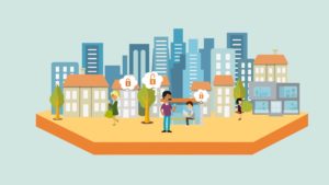 2D illustration of urban characters in city environment walking and waiting for a bus, each has a thought bubble above their heads with padlock icons locked or unlocked