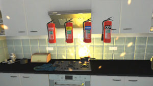 VR Fire safety training, kitchen scene, with hob and pan being on fire, menu of 4 different fire extinguisher to choose from
