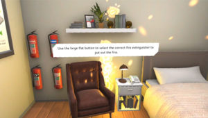 A VR bedroom scene with a bed, bedside table and lamp, armchair and four fire extinguishers with the text 'Some people on site have specific responsibilities during a fire. If the fire alarm sounds at your service, who should do what?'