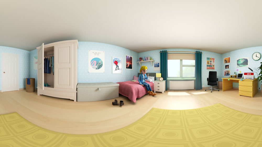 Panoramic View of a VR Environment Depicting a Girl in her Bedroom