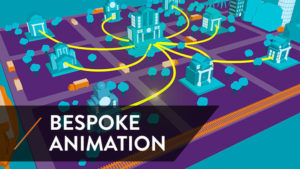 bespoke animation text over 3D cartoony city scape with network of banks