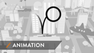 Icon of Bouncing Ball hopping over black and white 3D cityscape with the text "Animation" overlayed on top