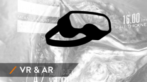 A black icon of a VR goggles floating over background of black and white graphic with the text 'VR & AR' overlayed on top