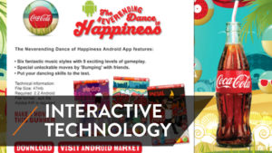 interactive-tech - Coke game - the never ending dance of happiness showing a coke bottle and 3 game screen shots and the title "Interactive technology"