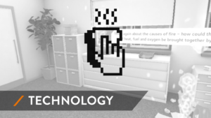 Icon of Cursor hand set against a black and white office environment with the text 'Technology' overlayed over it