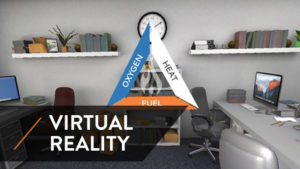 virtual reality fire safety training, office setting with fire triangle and a text: "Virtual Reality" overlayed on top