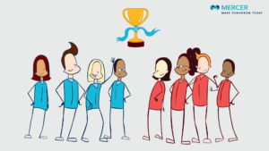 blue and red team of 2D stylised stickmen like characters with trophy floating above them in the top middle