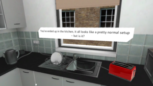 VR fire safety training still showing a kitchen with a toaster cable hanging in to the sink with the text "You've ended up in the kitchen, it all looks like a pretty normal setup - but is it?"