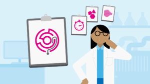 medical animation explainer 2D scientist and icons on clip boards showing a maze, stopwatch, shapes and graph