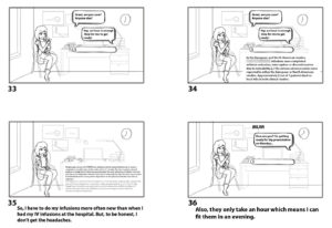 Takeda Patient Story 360 VR Video Animation Storyboard, female character sitting on chair in a bedroom texting on her phone