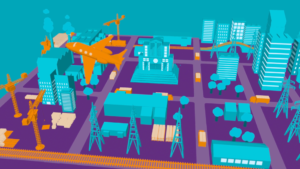 Animation Still of a Plane Flying Over a City