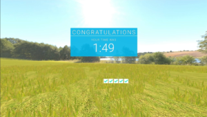 A VR landscape with graphic overlay showing time scored and 5 ticked boxes