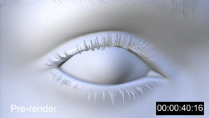 Single frame of a cgi eye pre-rendered frame with time code