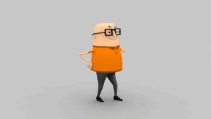 3D Production For Virtual Reality 360 Video, 3d model of man with glasses in an orange T-shirt and grey trousers