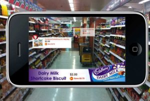 Augmented Reality AR Marketing Campaigns appearing when phone camera is scanning food shelves