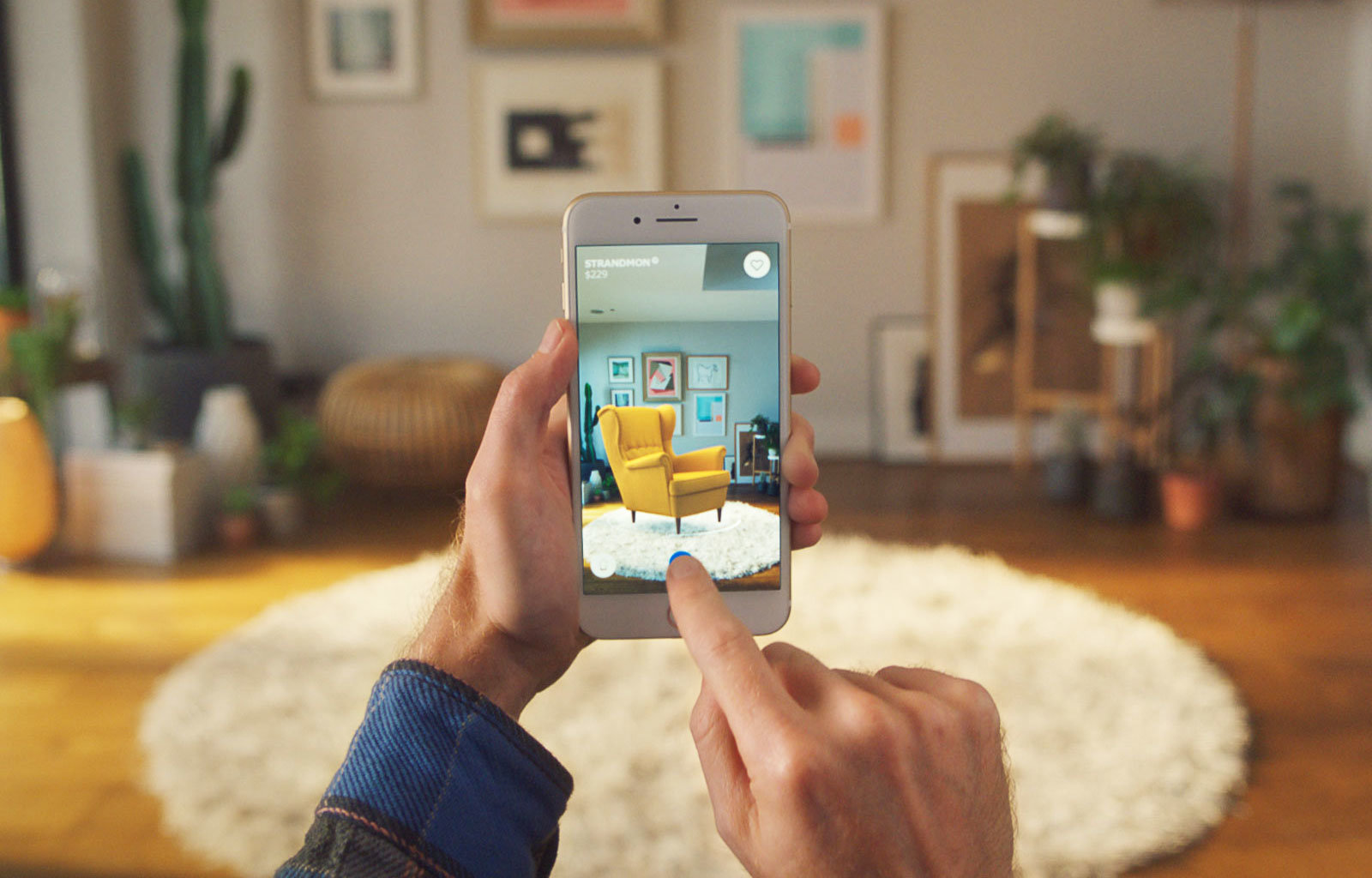 Augmented Reality Interior Design, armchair appearing on a phone screen over a living room environment