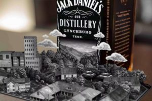 Jack Daniels Augmented Reality AR Label, showing distillery appearing in front of label when viewed through WebAR device