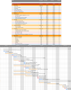 image of a gantt chart showing the production schedule for an MoA animation, with all necessary production steps and timelines