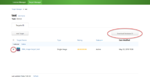 screen grab of target manager screen with download database button circled in red and image selection ticked