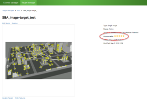 Vuforia Tutorial Image 2, targets for AR dvelopment set on buildings in a 3D cityscape