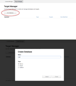 screen grab of target manager with Create database field open and add database button circled in red