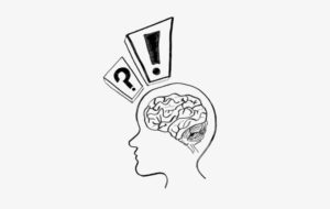 Critical Thinking And Question Illustration - cross section of human head showing the brain and a question mark and exclamation mark above the head