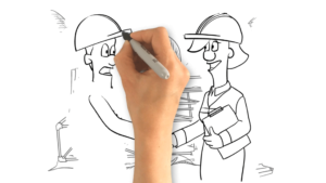 Example Of A Character Whiteboard Animation For Network Rail, a hand is drawing a construction managers shaking hands at construction site