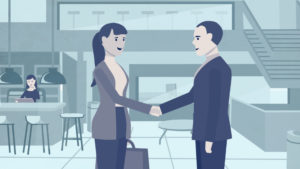 illustration of a man and woman shaking hand in a business building with a cafe and bar area in the background
