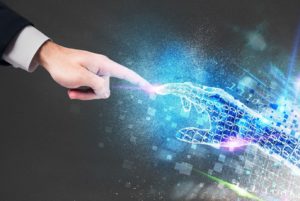 Power Of Technology Stock Image - human hand and digital hand with binary code texture touching each other by a fingertip, leonardo-da-vinci-like