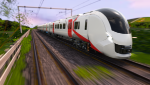 Hitachi battery train going fast under wires in country side