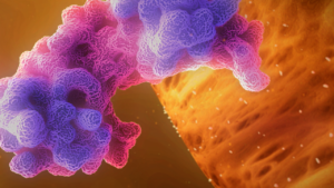 A close up of the still from a 3D animated mechanism of action animation with factor cell floating around