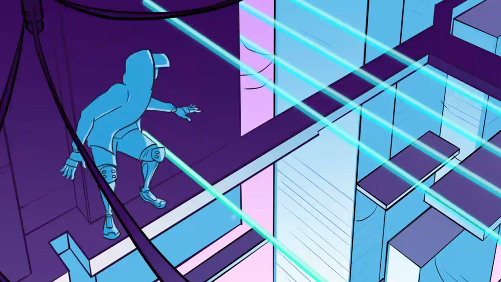illustration of ninja on top of buildings dodging lasers