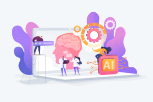 2D illustration for augmented reality with people, a computer chip with AI and a human head with an electric circuit board for a brain