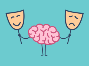 brain with arms and legs holding up a happy and a sad mask