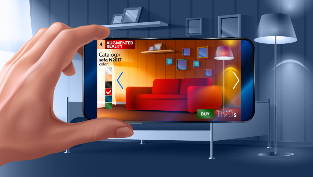 illustration of hand holding smart phone picturing the real grey coloured living room sofa in colour on the phone