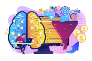 2d illustration with man working on his laptop, a brain, computer and a funnel into which various icons go and an arrow pointing to money