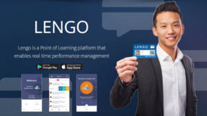 man holding Lengo learning platform pass and 3 screen shots of the lengo learning app