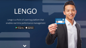 asian man holding Lengo learning platform pass and 3 screen shots of the lengo learning app