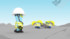 health and safety animation showing cartoon characters on a building site lifting a heavy plank with a character in foreground walking past
