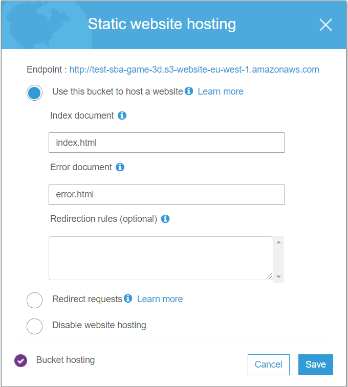 screen shot of static website hosting