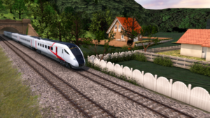 A 3D animated Hitachi Rail train coming out of a tunnel in the countryside