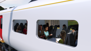 A view of a family sat inside a Hitachi Rail train through the window of the train