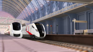 3D animated environment of 2 Hitachi rail trains at a train station platform