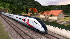 A 3D animated Hitachi Rail train coming out of a tunnel in the countryside