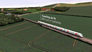 Battery powered train wide in landscape with text - Travelling up to 90km just on batteries
