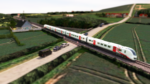 A wide shot of a realistic 3D animated Hitachi Rail train going through the countryside