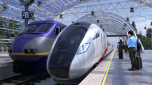 The front of a realistic 3D animated Hitachi rail train at a train station with people waiting on the platform
