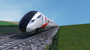 The front of a 3D animated Hitachi Rail Battery train travelling at a high speed through the open countryside